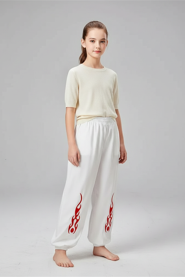 Pantalon Chinois Blanc Ample Flammes Rouges Enfant - Molleton