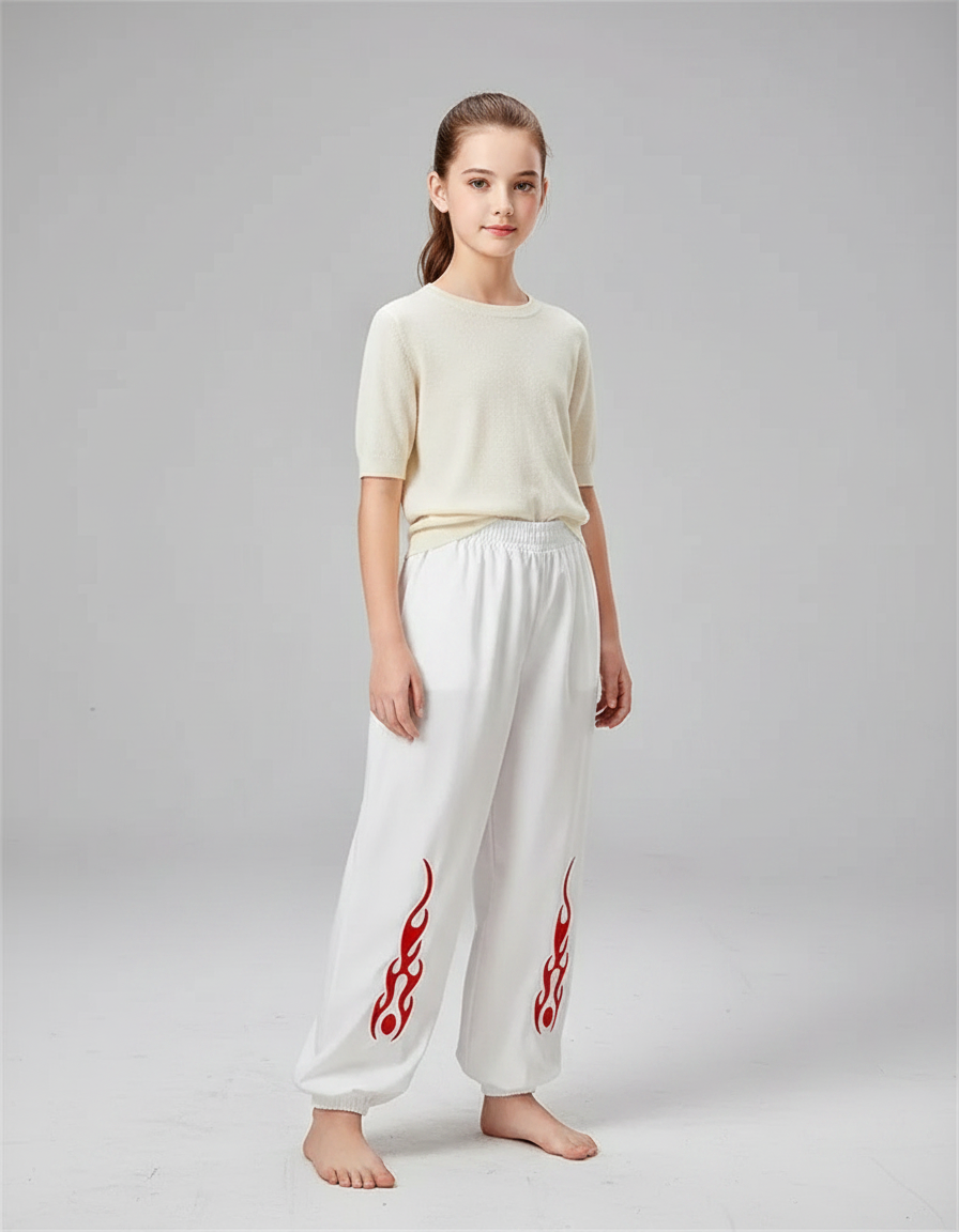 Pantalon Chinois Blanc Ample Flammes Rouges Enfant - Molleton