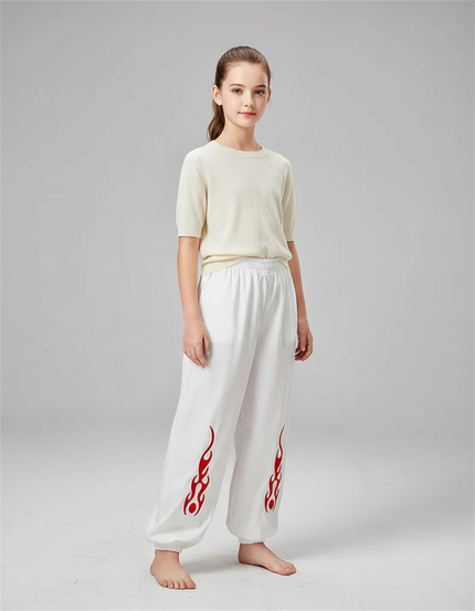Pantalon Chinois Blanc Ample Flammes Rouges Enfant - Molleton