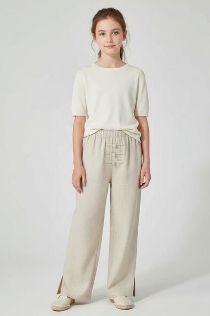 Pantalon Chinois Beige Ample Coton Traditionnel Fendu