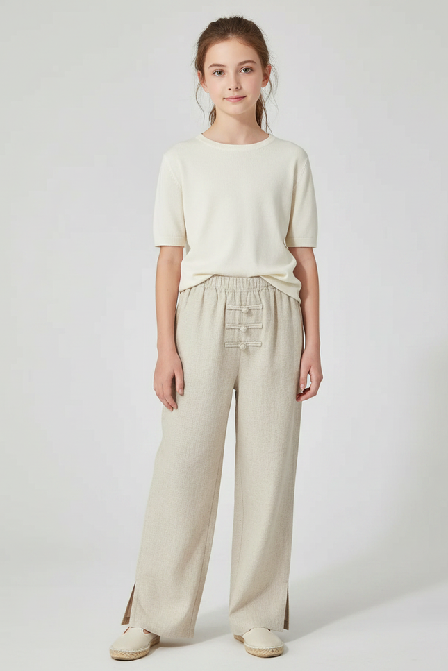 Pantalon Chinois Beige Ample Coton Traditionnel Fendu