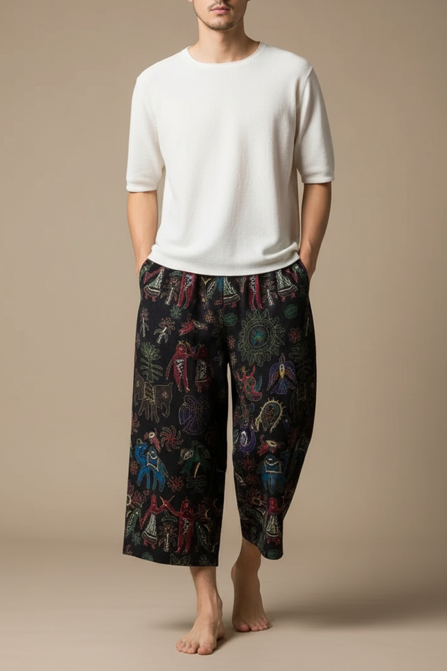 Pantalon Chinois Noir Ample Motifs Ethniques Colorés - Toile