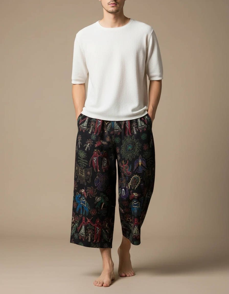 Pantalon Chinois Noir Ample Motifs Ethniques Colorés - Toile