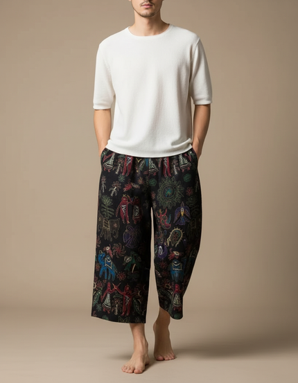 Pantalon Chinois Noir Ample Motifs Ethniques Colorés - Toile