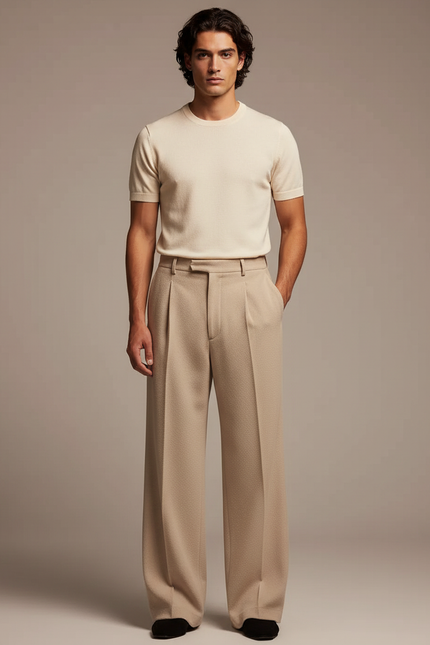 Pantalon Chinois Beige Plissé Ample Décontracté Homme - Coton