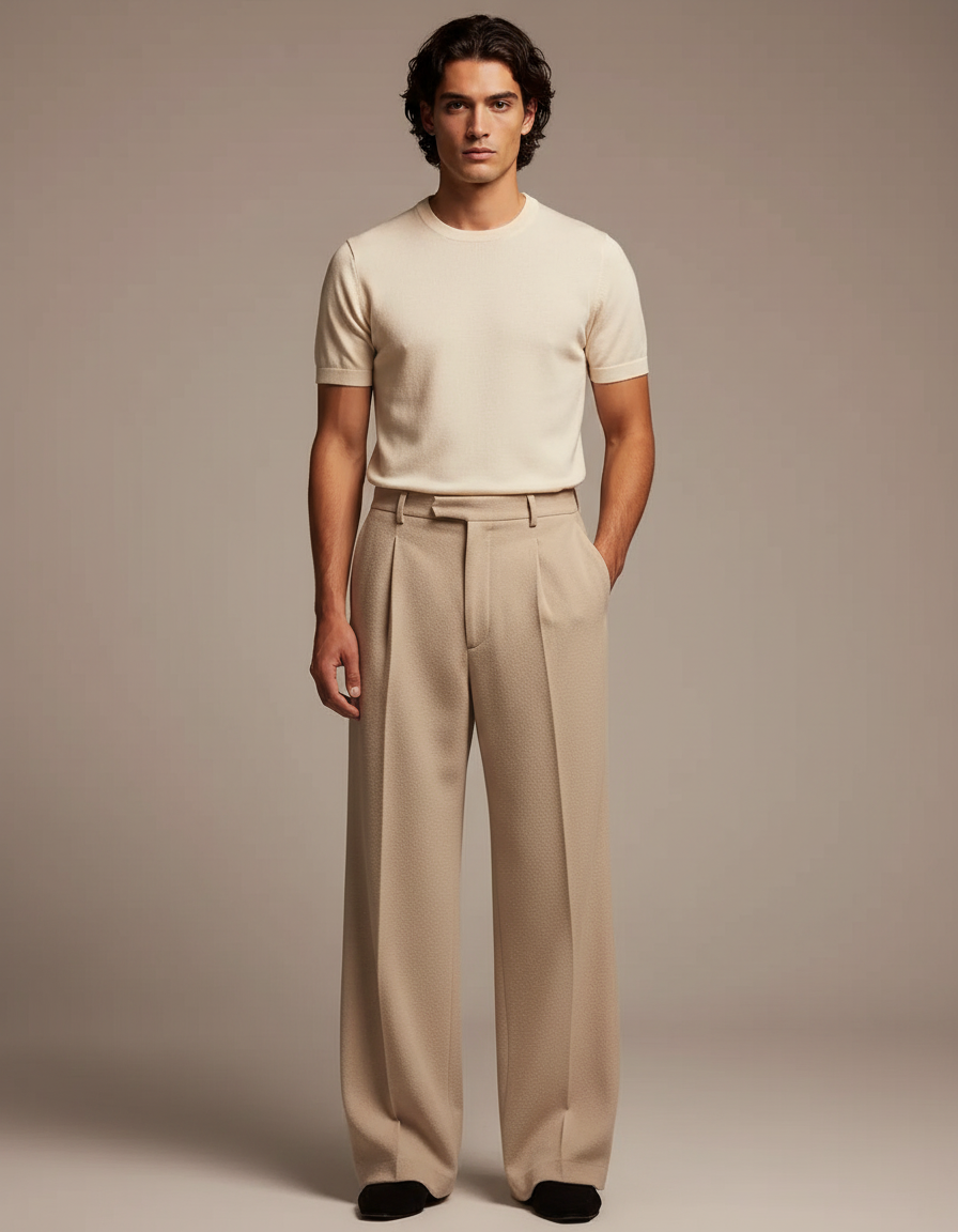 Pantalon Chinois Beige Plissé Ample Décontracté Homme - Coton