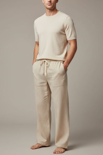 Pantalon Chinois Lin Coton Beige Ample Décontracté Homme