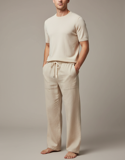 Pantalon Chinois Lin Coton Beige Ample Décontracté Homme