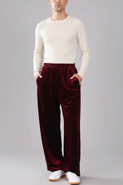 Pantalon Chinois Velours Bordeaux Ample Élastiqué Homme