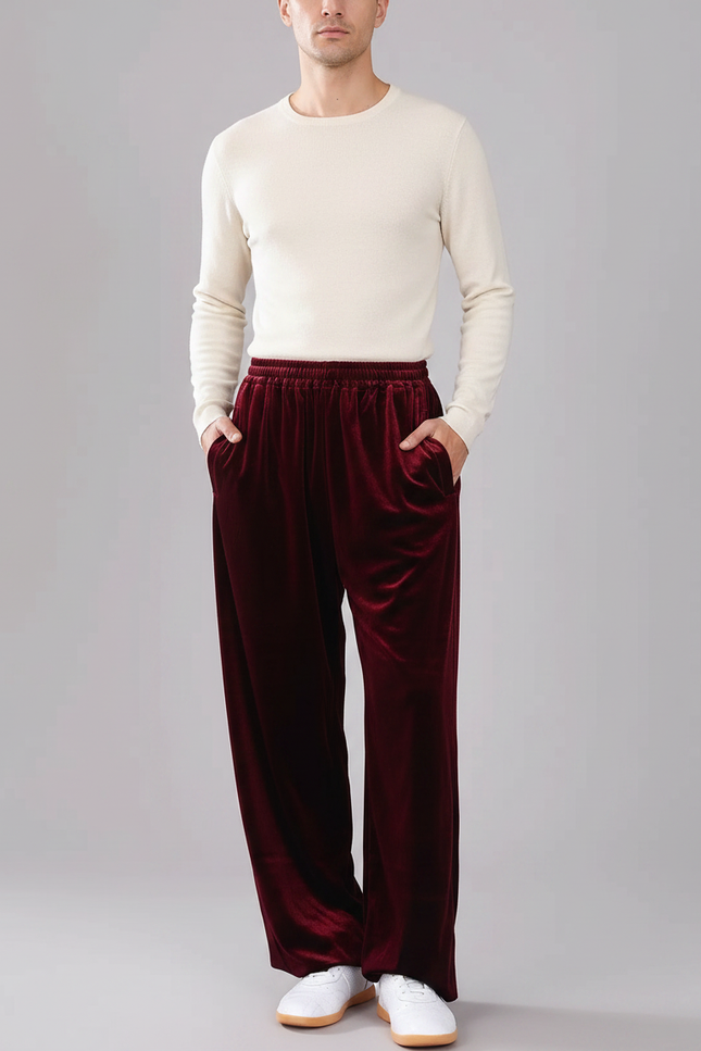 Pantalon Chinois Velours Bordeaux Ample Élastiqué Homme
