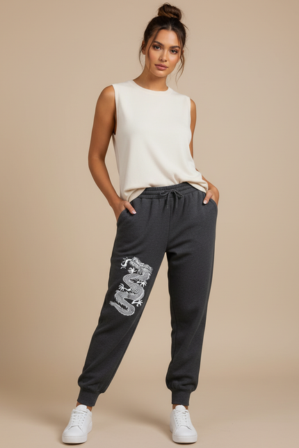 Pantalon Chinois Gris Dragon Molletonné Ample Confortable