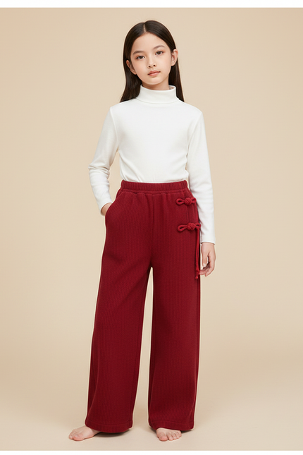 Pantalon Chinois Rouge Côtelé Ample Fille Velours - Bordeaux