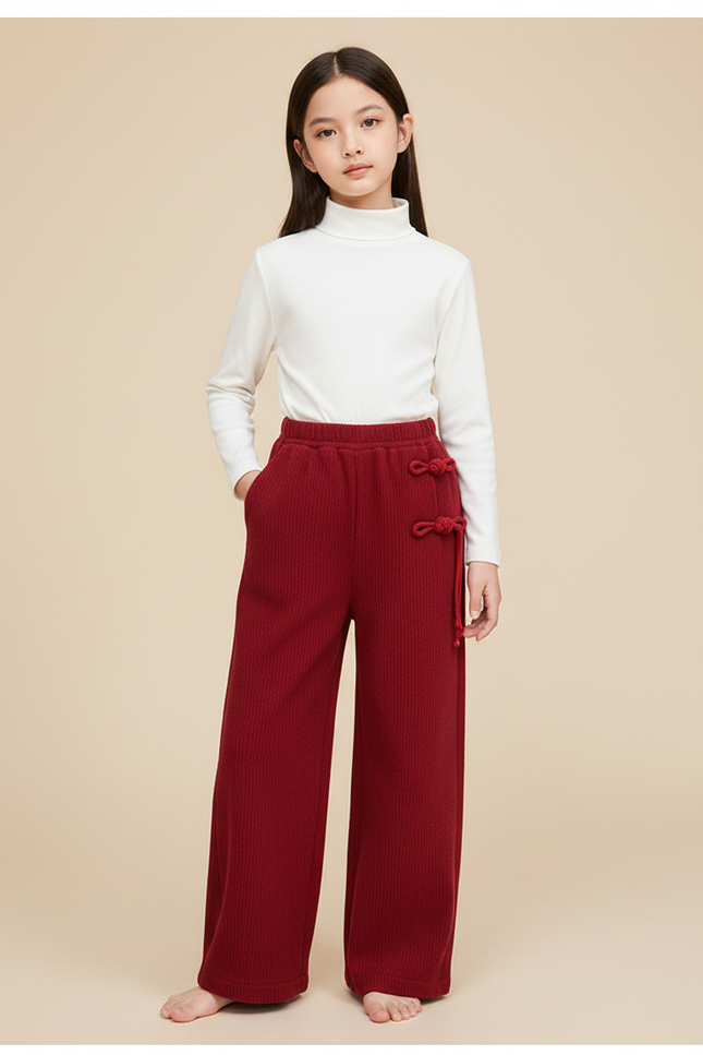Pantalon Chinois Rouge Côtelé Ample Fille Velours - Bordeaux