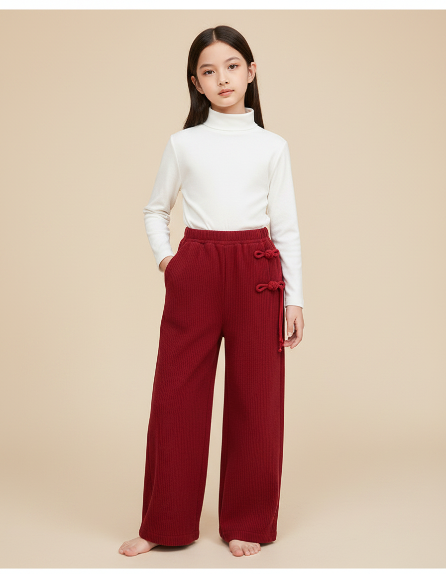 Pantalon Chinois Rouge Côtelé Ample Fille Velours - Bordeaux