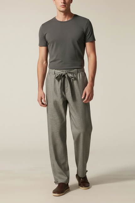 Pantalon Chinois Gris Lin Ample Cordon Décontracté