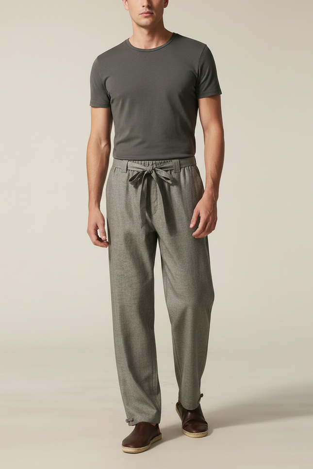 Pantalon Chinois Gris Lin Ample Cordon Décontracté