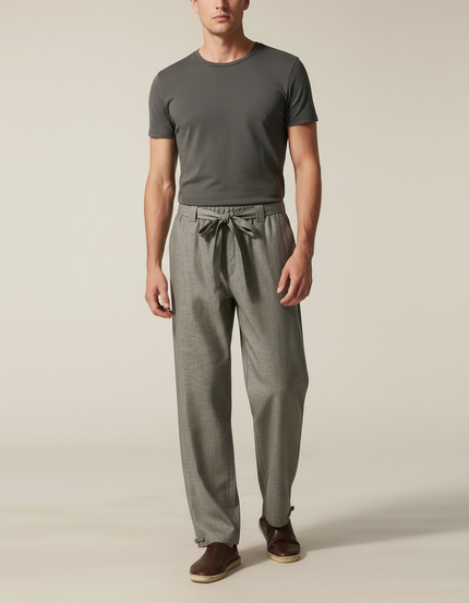 Pantalon Chinois Gris Lin Ample Cordon Décontracté