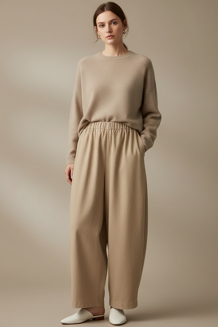 Pantalon Chinois Beige Ample Taille Haute Confortable - Laine