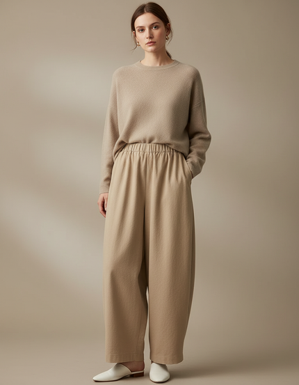 Pantalon Chinois Beige Ample Taille Haute Confortable - Laine