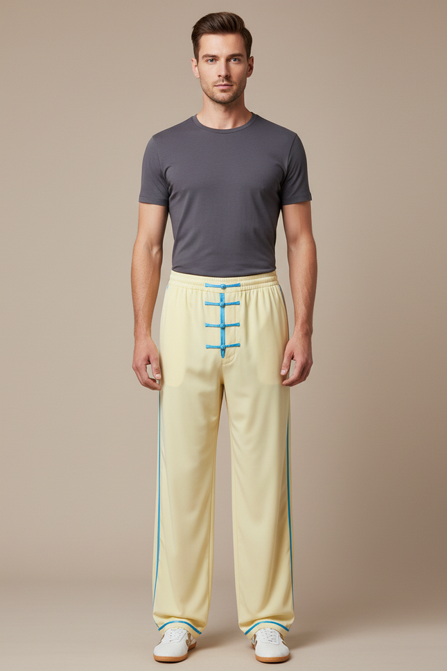 Pantalon Chinois Jaune Pâle Satiné Ample Décontracté