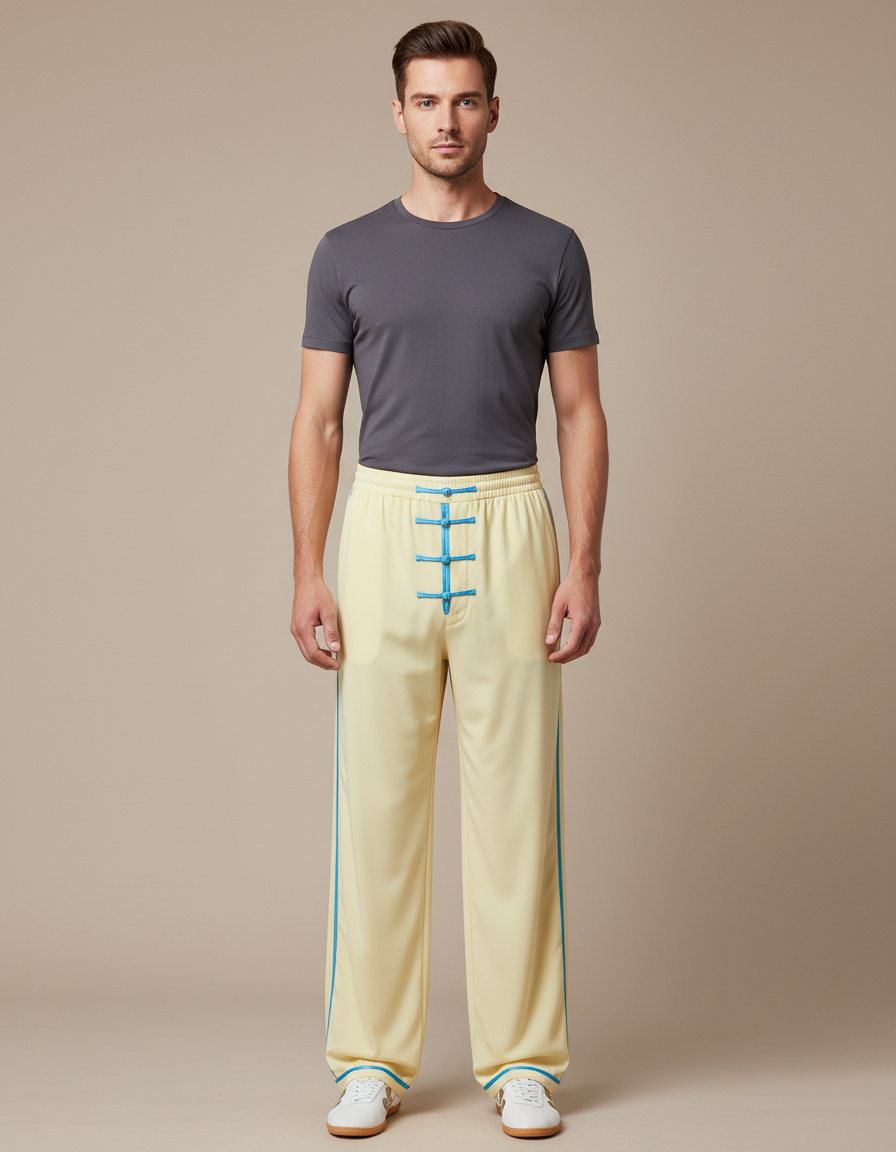 Pantalon Chinois Jaune Pâle Satiné Ample Décontracté