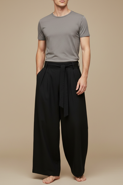 Pantalon Chinois Noir Ample Fluide Ceinturé Décontracté Homme - Viscose