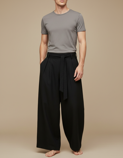 Pantalon Chinois Noir Ample Fluide Ceinturé Décontracté Homme - Viscose