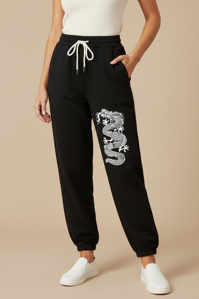 Pantalon Chinois Noir Dragon Imprimé Jogger Décontracté - Molleton