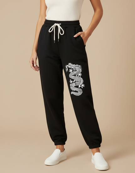 Pantalon Chinois Noir Dragon Imprimé Jogger Décontracté - Molleton