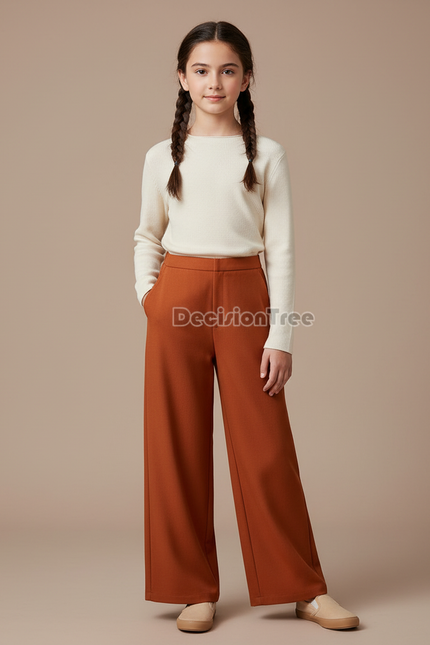 Pantalon Chinois Marron Ample Fluide Élégant Fille - Polyester