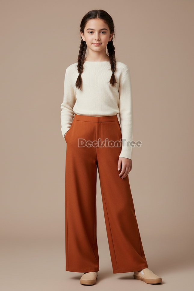 Pantalon Chinois Marron Ample Fluide Élégant Fille - Polyester