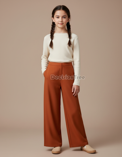 Pantalon Chinois Marron Ample Fluide Élégant Fille - Polyester
