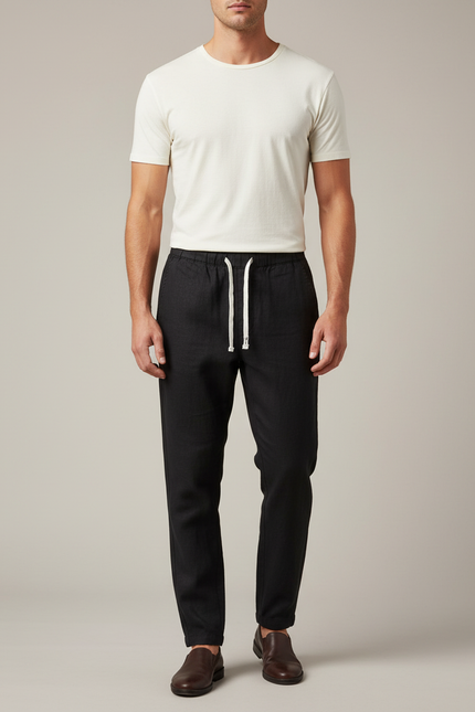 Pantalon Chinois Noir Lin Cordon Décontracté Homme
