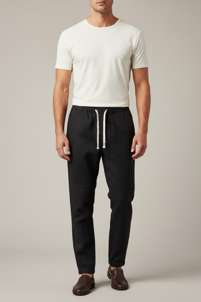 Pantalon Chinois Noir Lin Cordon Décontracté Homme
