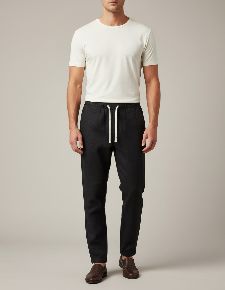 Pantalon Chinois Noir Lin Cordon Décontracté Homme