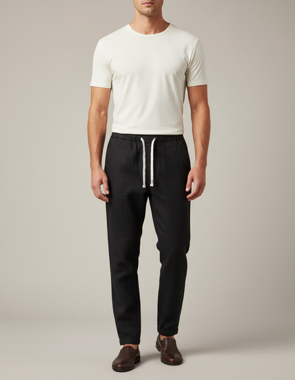 Pantalon Chinois Noir Lin Cordon Décontracté Homme