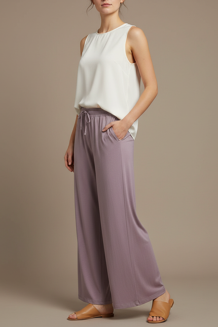 Pantalon Chinois Lilas Fluide Ample Droit Élégant - Violet Viscose