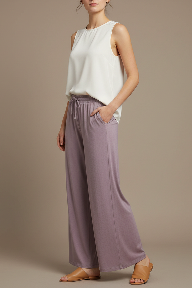 Pantalon Chinois Lilas Fluide Ample Droit Élégant - Violet Viscose