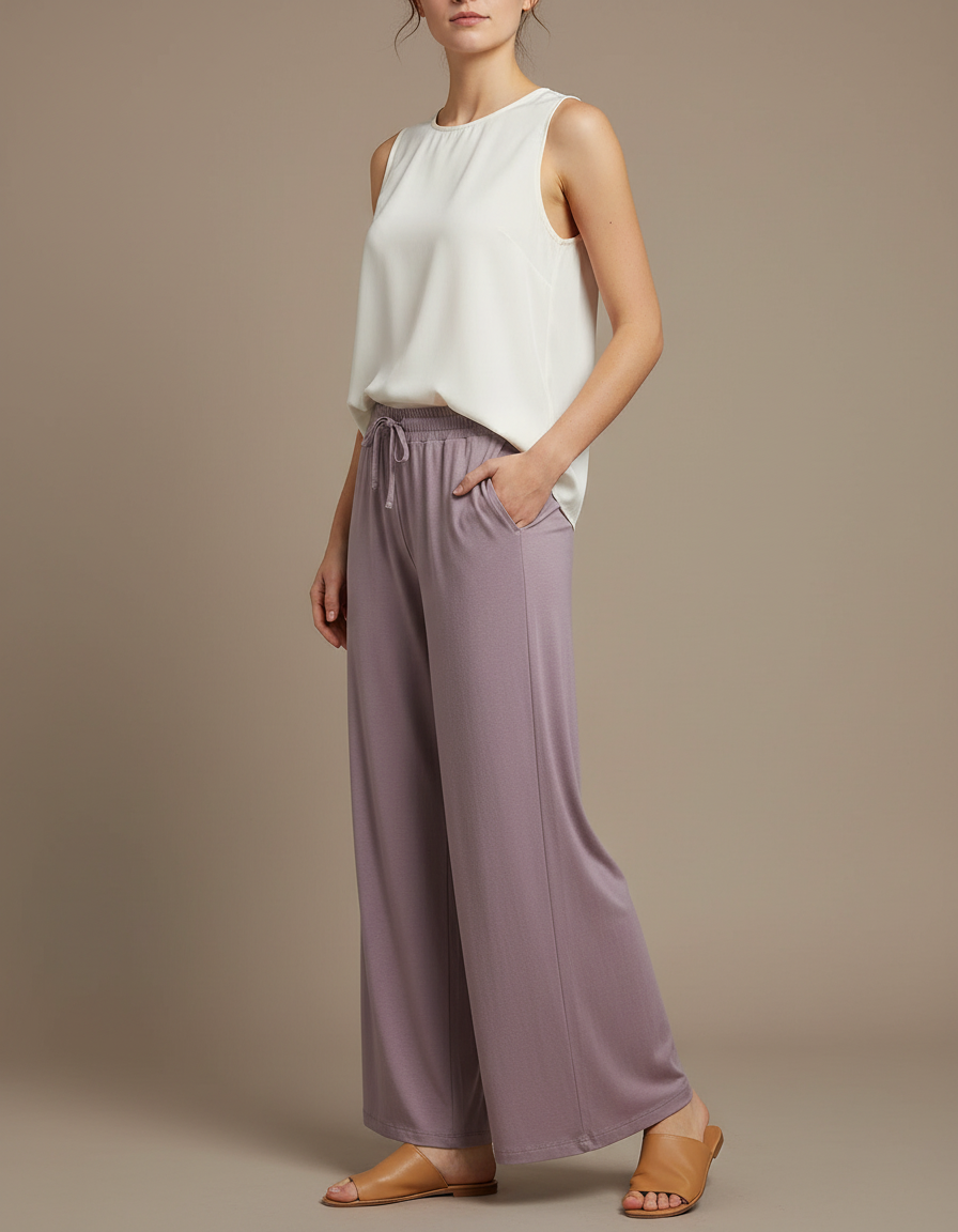 Pantalon Chinois Lilas Fluide Ample Droit Élégant - Violet Viscose