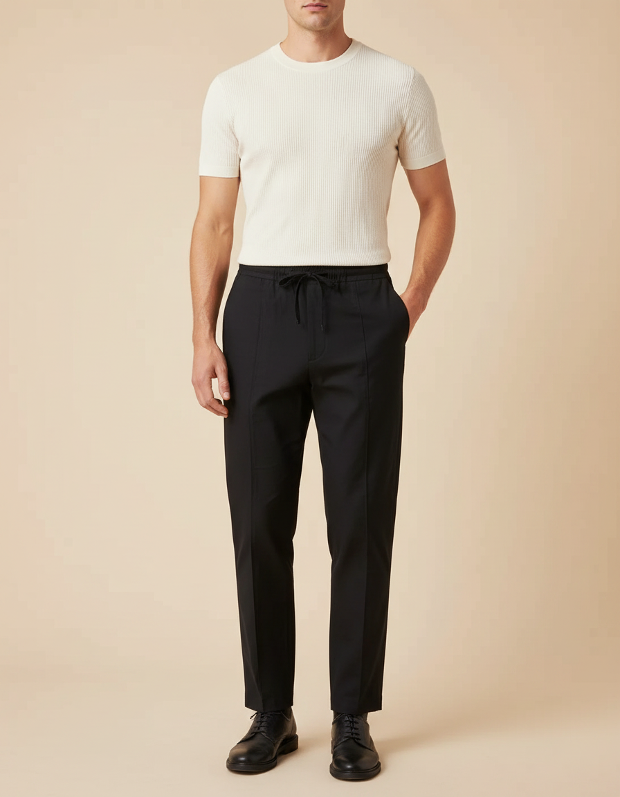 Pantalon Chinois Noir Coton Cordon Droit Homme