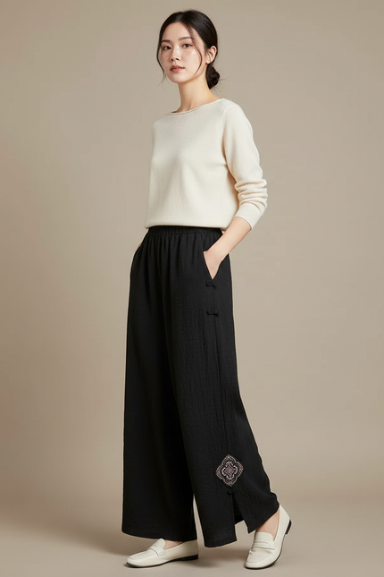 Pantalon Chinois Noir Ample Coton Brodé Fendu - Lin