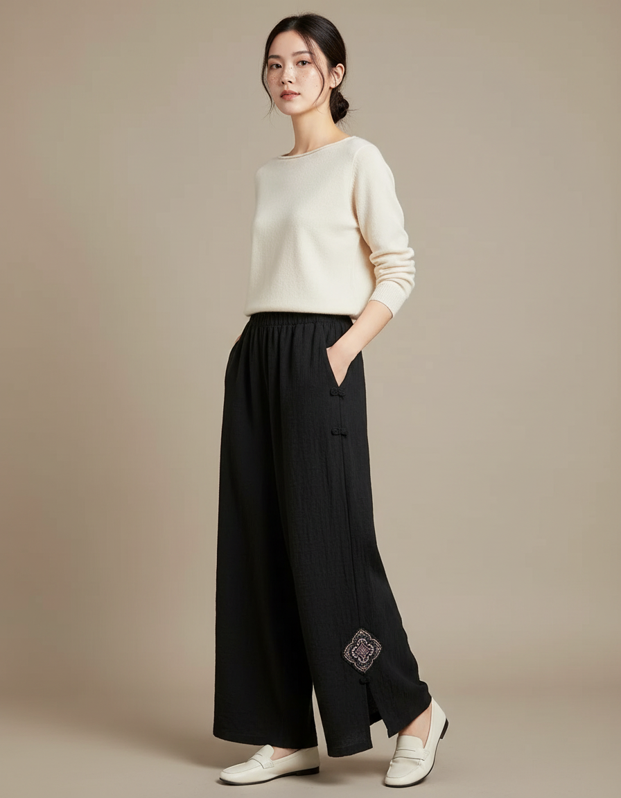 Pantalon Chinois Noir Ample Coton Brodé Fendu - Lin