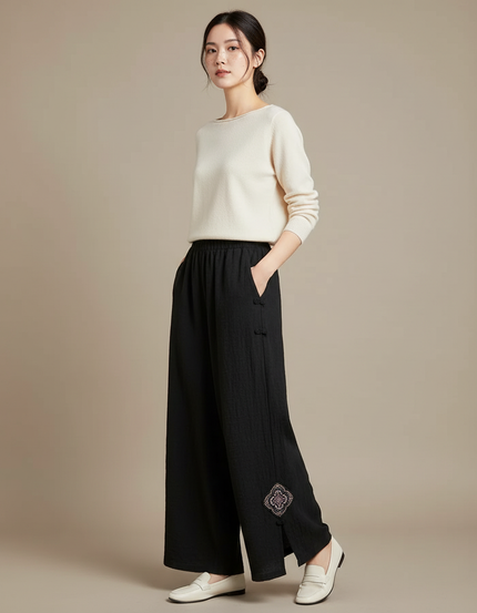 Pantalon Chinois Noir Ample Coton Brodé Fendu - Lin