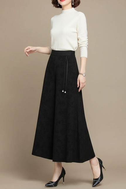 Pantalon Chinois Noir Ample Fluide Jacquard Élégant - Polyester