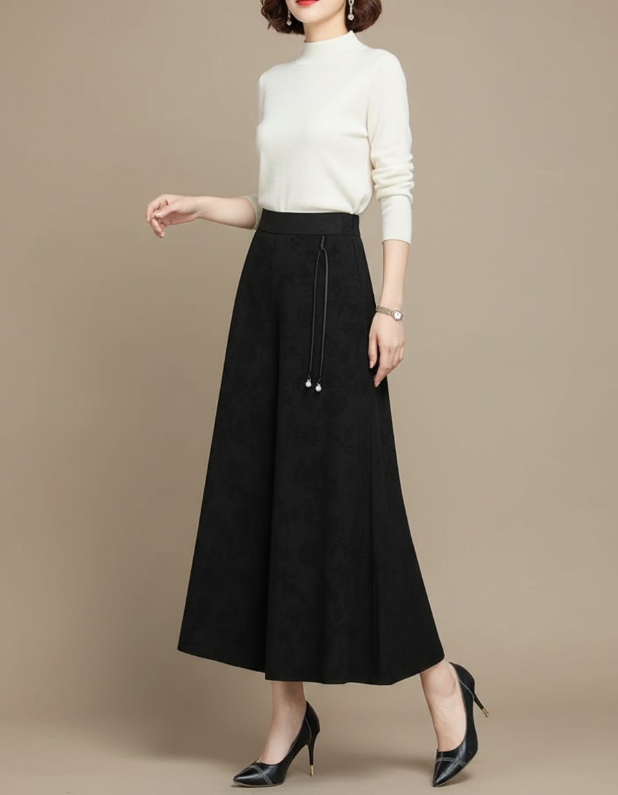 Pantalon Chinois Noir Ample Fluide Jacquard Élégant - Polyester