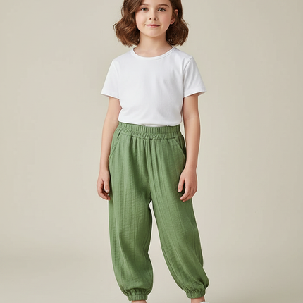 Pantalon Chinois Vert Ample Côtelé Enfant Décontracté - Lin