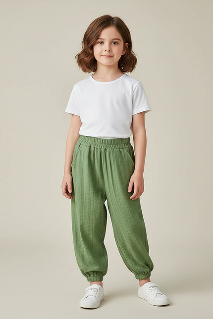 Pantalon Chinois Vert Ample Côtelé Enfant Décontracté - Lin
