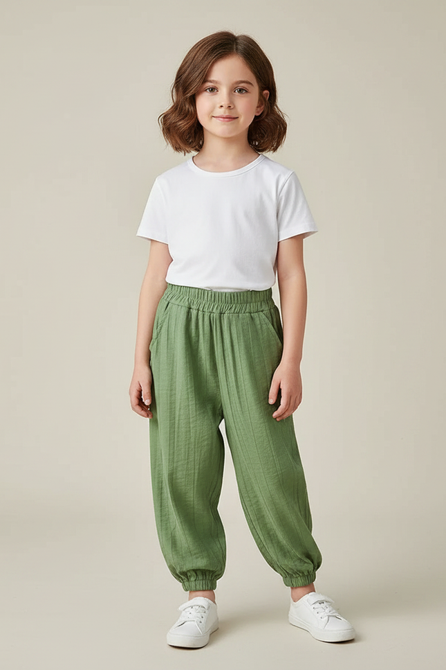 Pantalon Chinois Vert Ample Côtelé Enfant Décontracté - Lin
