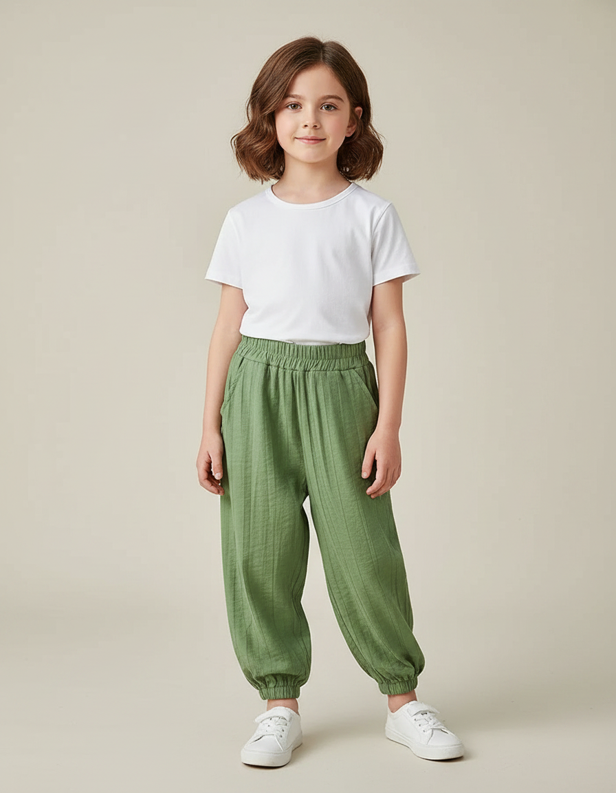 Pantalon Chinois Vert Ample Côtelé Enfant Décontracté - Lin