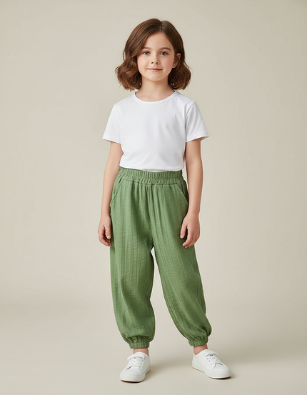 Pantalon Chinois Vert Ample Côtelé Enfant Décontracté - Lin